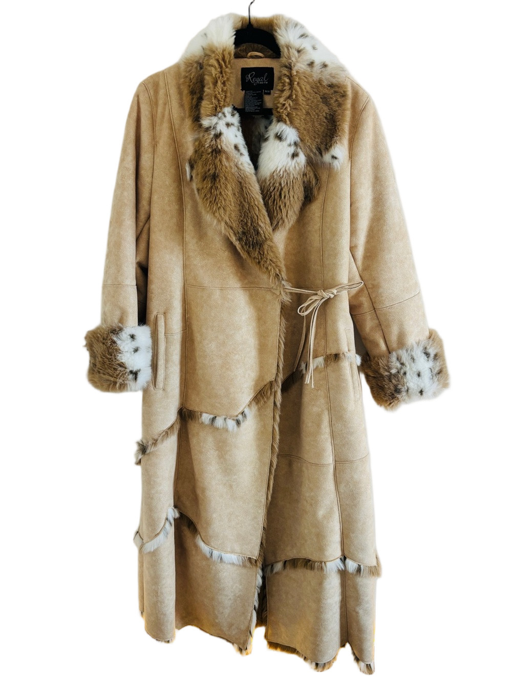 Vintage Faux Fur Trim Full Length Coat Western Boho Mob Wife Tan Beige Medium - Picture 5 of 15